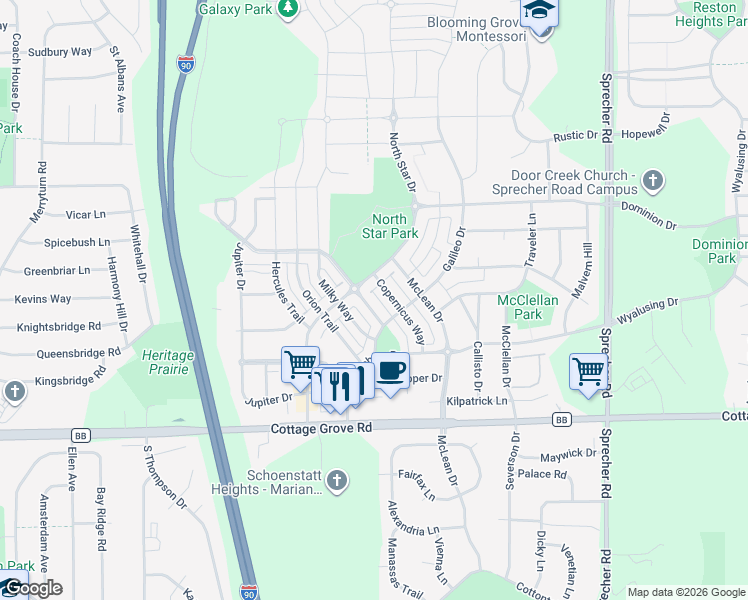 map of restaurants, bars, coffee shops, grocery stores, and more near 633 North Star Drive in Madison