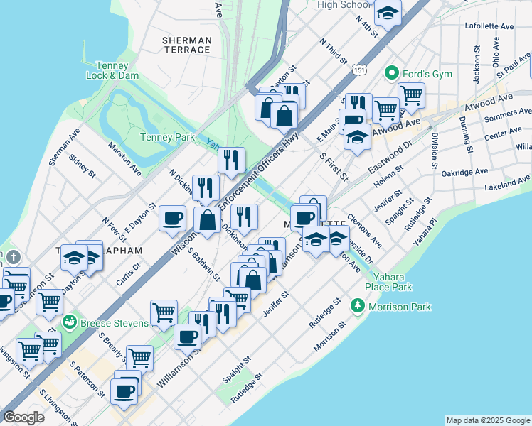 map of restaurants, bars, coffee shops, grocery stores, and more near 1459 East Main Street in Madison