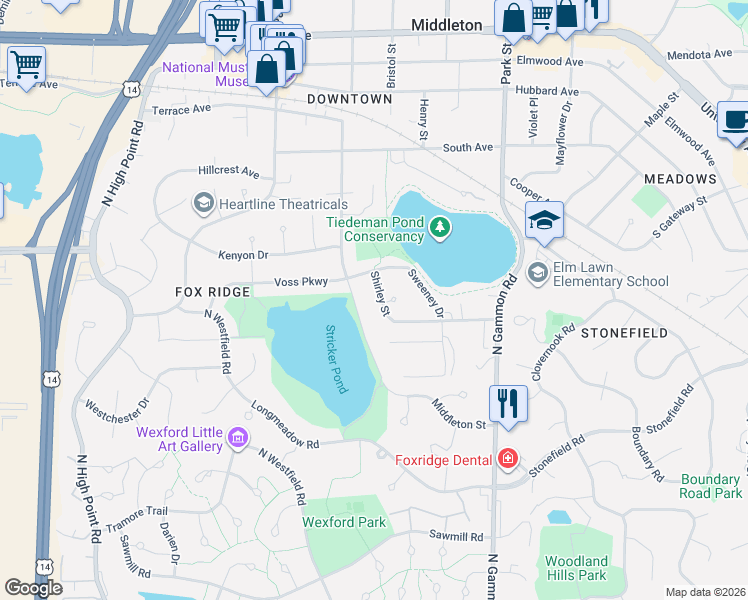 map of restaurants, bars, coffee shops, grocery stores, and more near 1415 Middleton Street in Middleton
