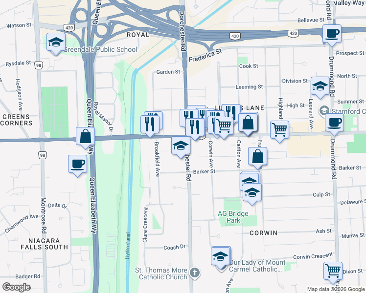 map of restaurants, bars, coffee shops, grocery stores, and more near 5911 Dorchester Road in Niagara Falls
