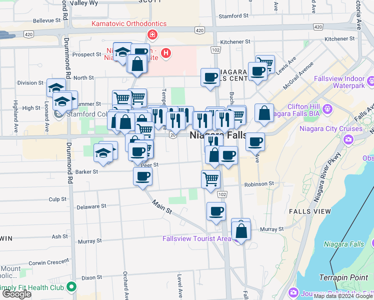 map of restaurants, bars, coffee shops, grocery stores, and more near 5941 Gladstone Avenue in Niagara Falls