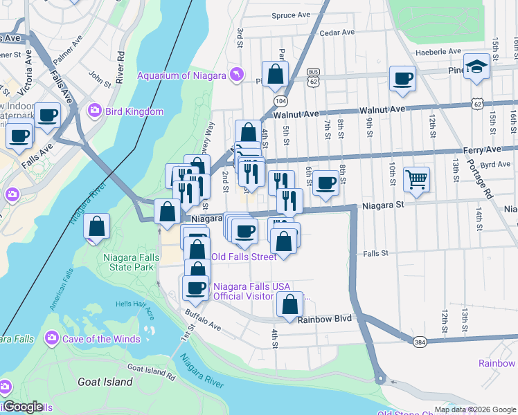 map of restaurants, bars, coffee shops, grocery stores, and more near 316 Niagara Street in Niagara Falls