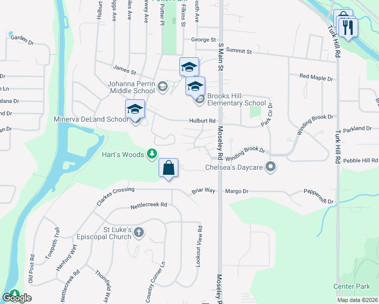 map of restaurants, bars, coffee shops, grocery stores, and more near 24 Great Wood Court in Fairport