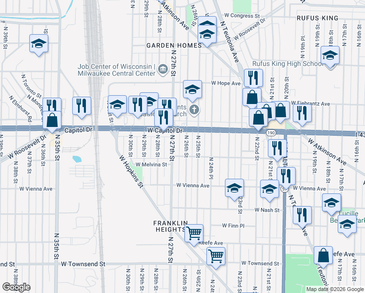 map of restaurants, bars, coffee shops, grocery stores, and more near 3968 North 27th Street in Milwaukee