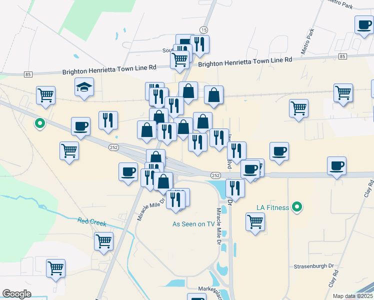 map of restaurants, bars, coffee shops, grocery stores, and more near 3150 West Henrietta Road in Rochester