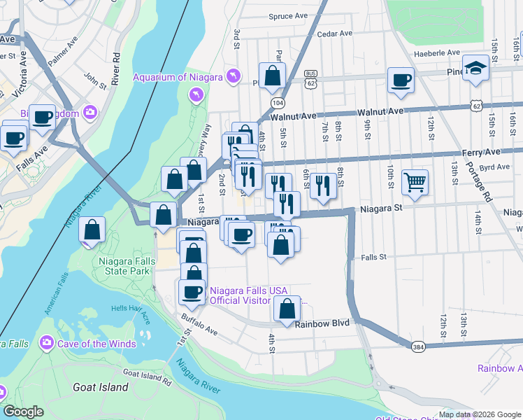 map of restaurants, bars, coffee shops, grocery stores, and more near 415 1/2 4th Street in Niagara Falls