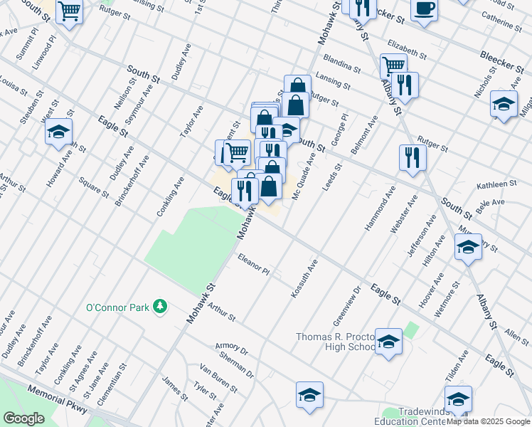 map of restaurants, bars, coffee shops, grocery stores, and more near 1155 Mohawk St in Utica