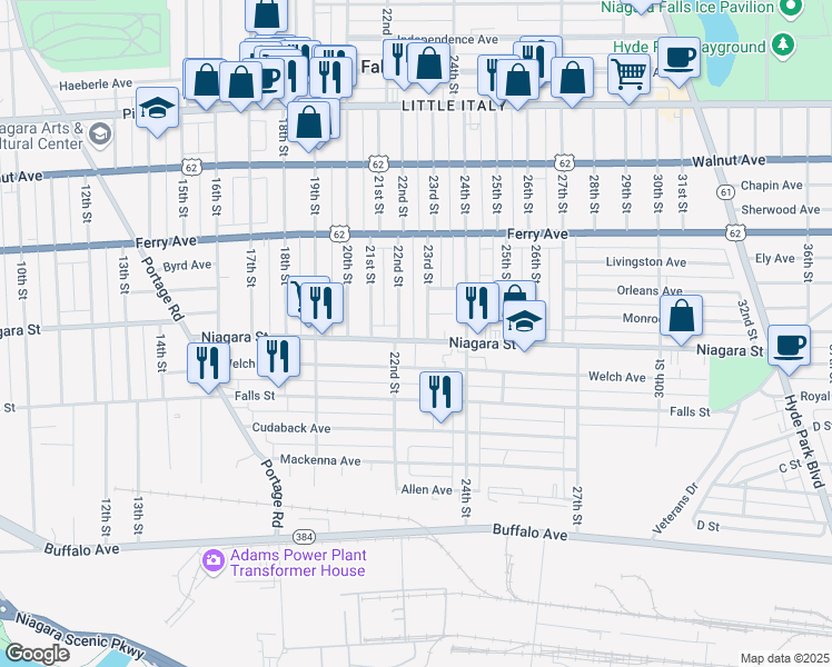 map of restaurants, bars, coffee shops, grocery stores, and more near 2214 Niagara Street in Niagara Falls