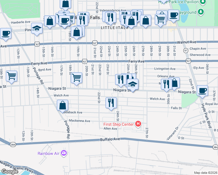 map of restaurants, bars, coffee shops, grocery stores, and more near 414 23rd Street in Niagara Falls
