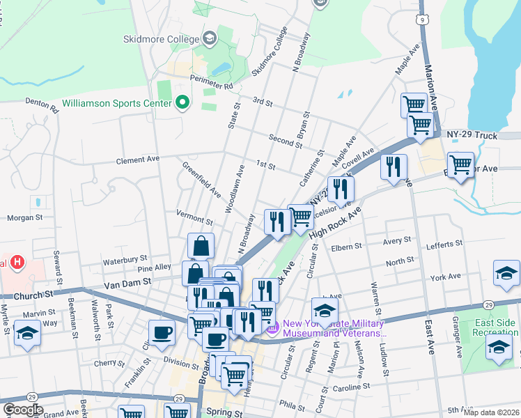 map of restaurants, bars, coffee shops, grocery stores, and more near 632 North Broadway in Saratoga Springs