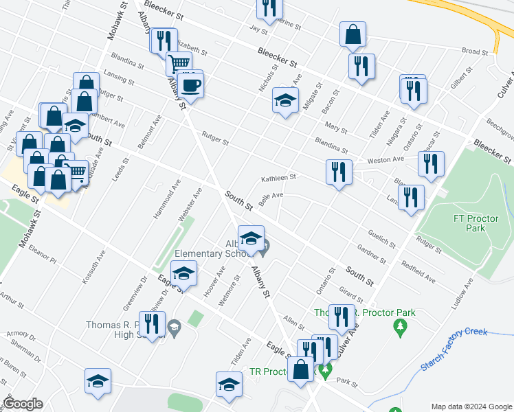 map of restaurants, bars, coffee shops, grocery stores, and more near 1203 South Street in Utica