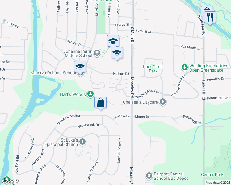 map of restaurants, bars, coffee shops, grocery stores, and more near 23 Great Wood Court in Fairport