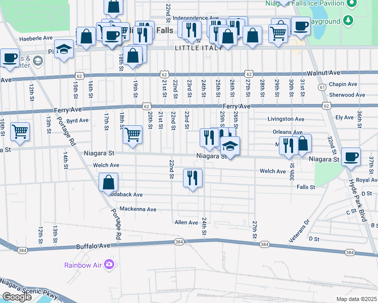 map of restaurants, bars, coffee shops, grocery stores, and more near 414 23rd Street in Niagara Falls