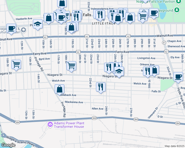 map of restaurants, bars, coffee shops, grocery stores, and more near 414 23rd Street in Niagara Falls
