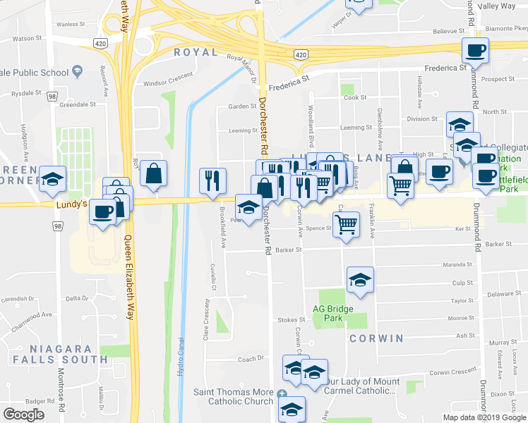 map of restaurants, bars, coffee shops, grocery stores, and more near 5911 Dorchester Road in Niagara Falls