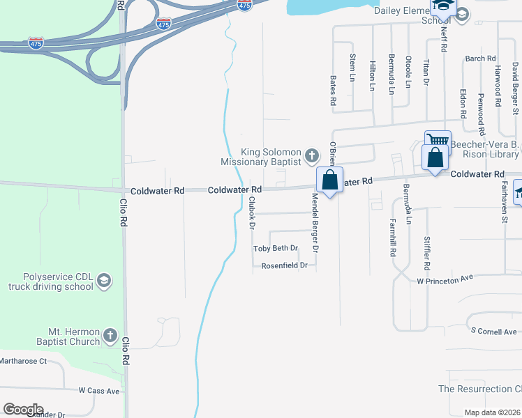 map of restaurants, bars, coffee shops, grocery stores, and more near 5512 Clubok Drive in Flint