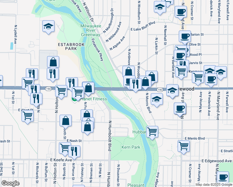map of restaurants, bars, coffee shops, grocery stores, and more near 1111 East Capitol Drive in Shorewood