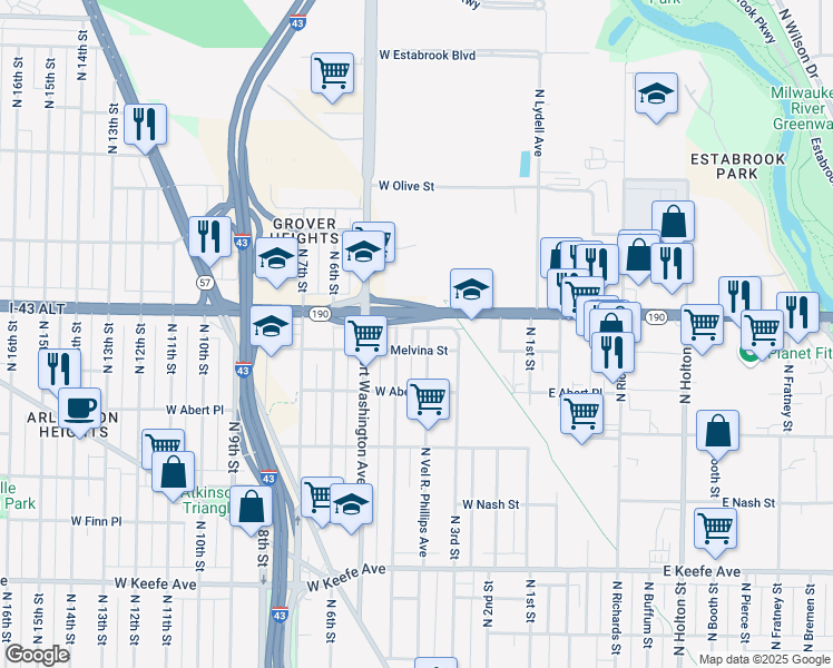 map of restaurants, bars, coffee shops, grocery stores, and more near 3923 Vel R. Phillips Avenue in Milwaukee