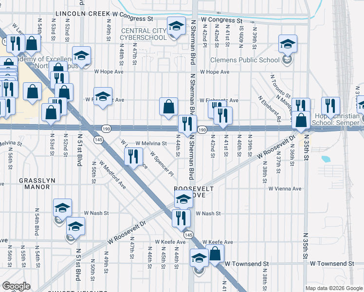 map of restaurants, bars, coffee shops, grocery stores, and more near in Milwaukee