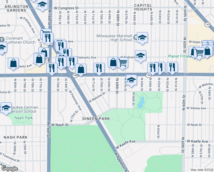 map of restaurants, bars, coffee shops, grocery stores, and more near 3958 North 70th Street in Milwaukee