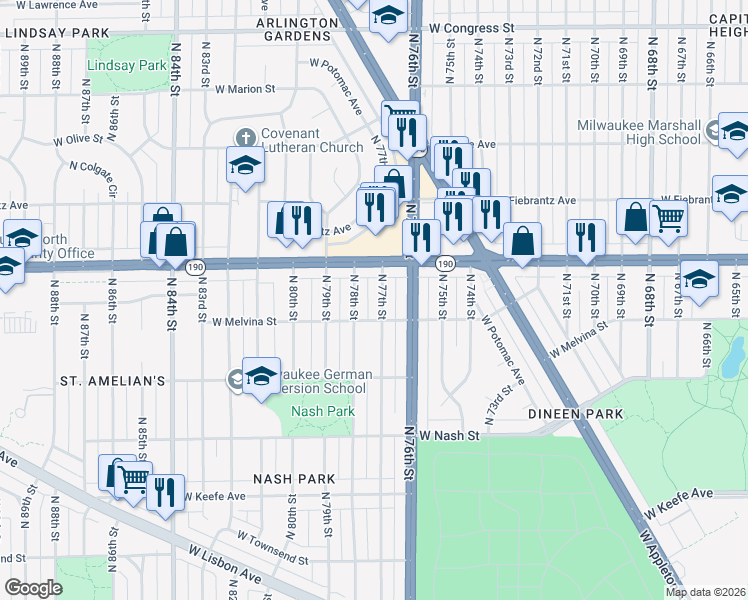 map of restaurants, bars, coffee shops, grocery stores, and more near 3942 North 78th Street in Milwaukee