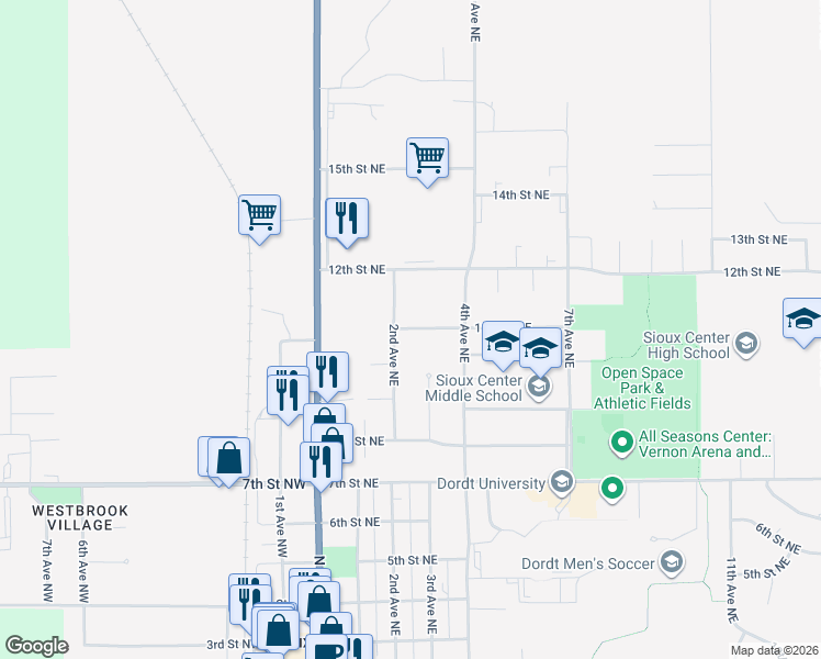 map of restaurants, bars, coffee shops, grocery stores, and more near 216 11th Street Northeast in Sioux Center