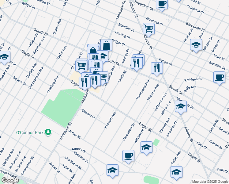 map of restaurants, bars, coffee shops, grocery stores, and more near 1145 Leeds Street in Utica