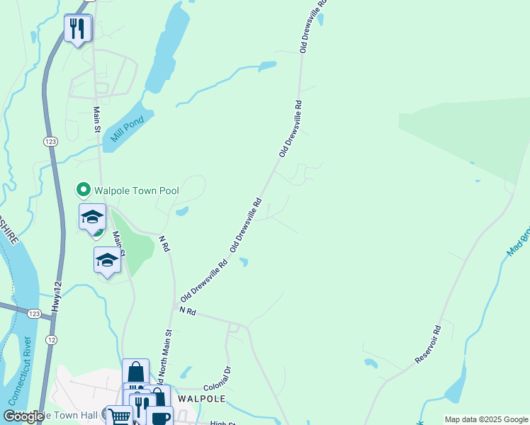 map of restaurants, bars, coffee shops, grocery stores, and more near 67 Old Drewsville Road in Walpole