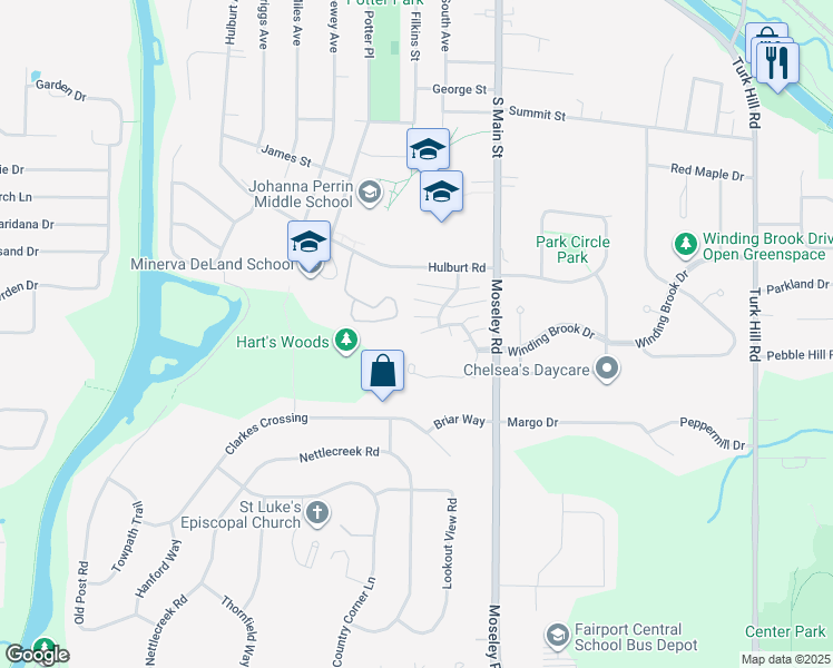 map of restaurants, bars, coffee shops, grocery stores, and more near 23 Great Wood Court in Fairport