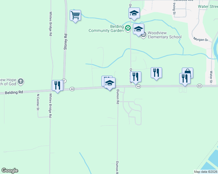map of restaurants, bars, coffee shops, grocery stores, and more near 9019 Belding Road in Belding