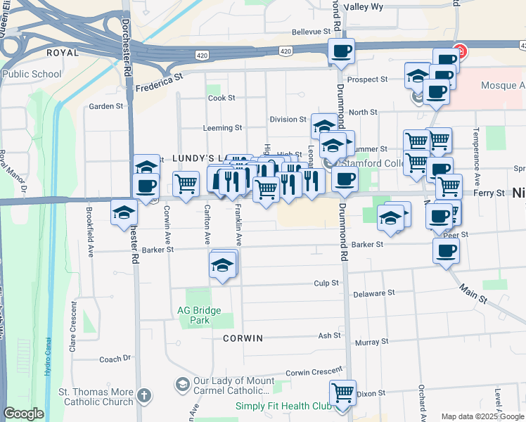 map of restaurants, bars, coffee shops, grocery stores, and more near 6480 Lundy's Lane in Niagara Falls