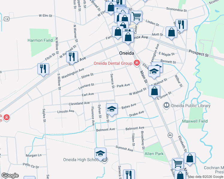 map of restaurants, bars, coffee shops, grocery stores, and more near 311 Leonard Street in Oneida