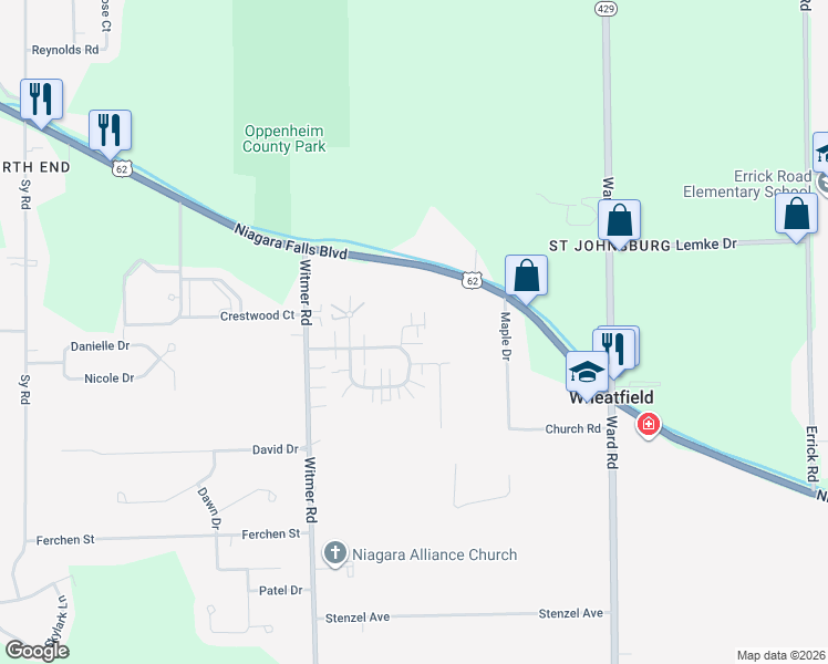 map of restaurants, bars, coffee shops, grocery stores, and more near 2749C Creek View Court in North Tonawanda