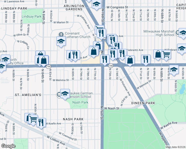 map of restaurants, bars, coffee shops, grocery stores, and more near 3942 North 78th Street in Milwaukee