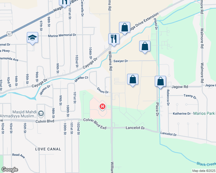 map of restaurants, bars, coffee shops, grocery stores, and more near 6913 Brookhaven Drive in Niagara Falls
