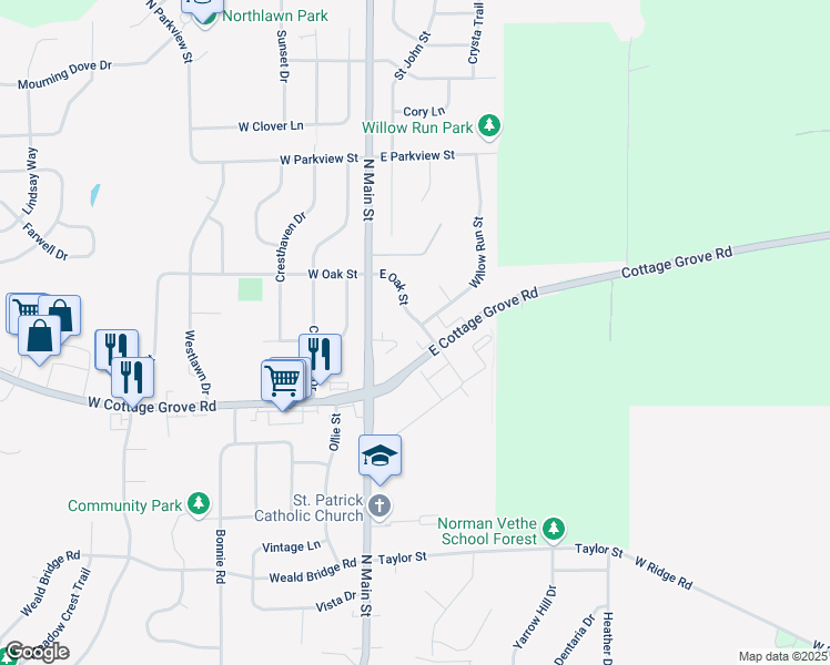 map of restaurants, bars, coffee shops, grocery stores, and more near 605 East Oak Street in Cottage Grove