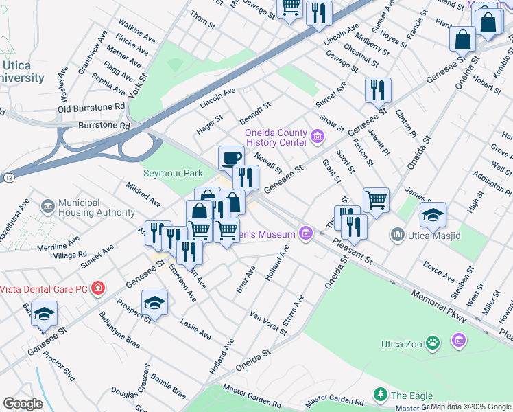map of restaurants, bars, coffee shops, grocery stores, and more near 1701 Genesee Street in Utica