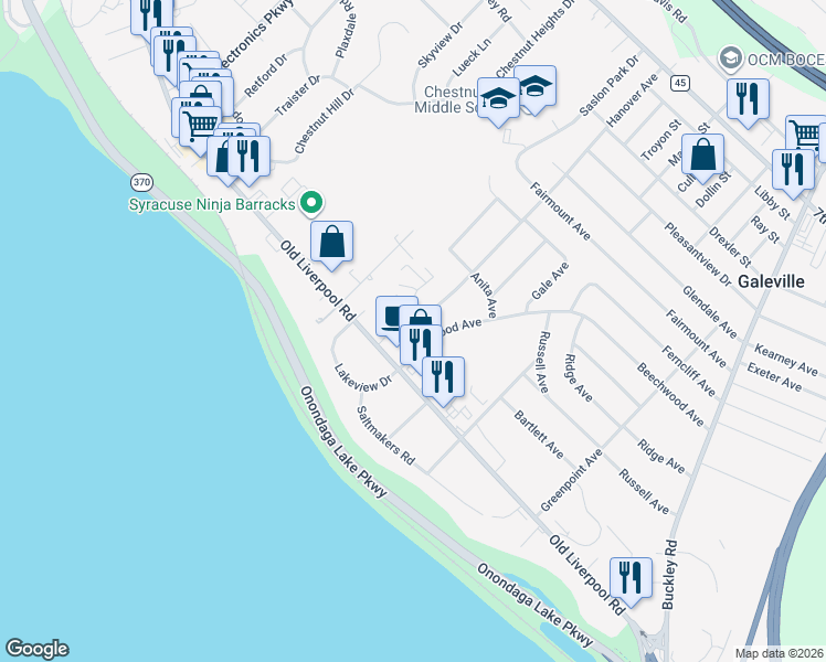 map of restaurants, bars, coffee shops, grocery stores, and more near 101 Hanover Avenue in Liverpool