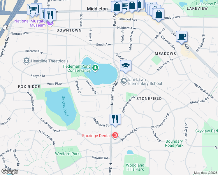 map of restaurants, bars, coffee shops, grocery stores, and more near 1314 North Gammon Road in Middleton