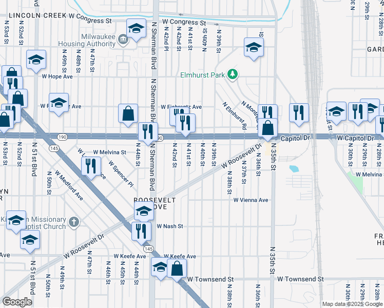 map of restaurants, bars, coffee shops, grocery stores, and more near 3932 North 41st Street in Milwaukee