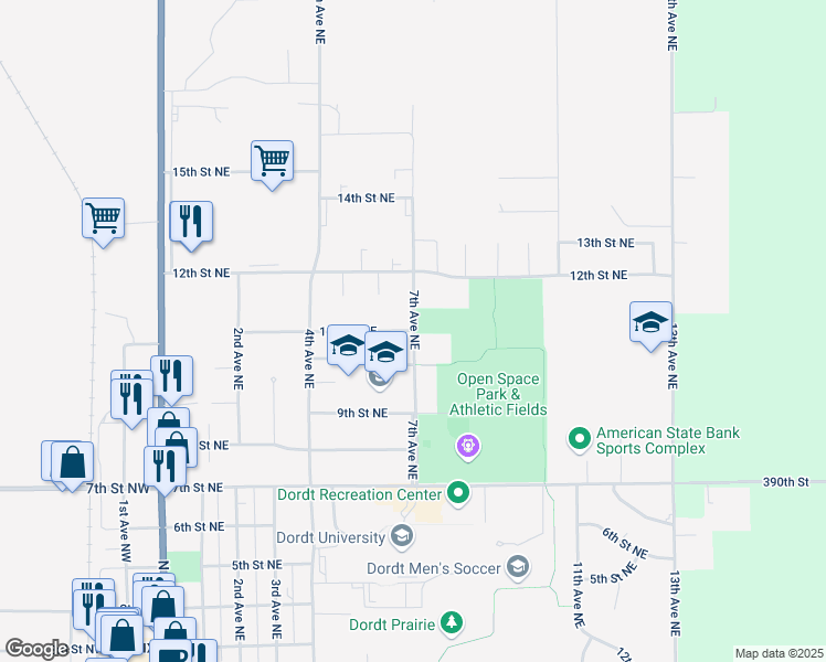 map of restaurants, bars, coffee shops, grocery stores, and more near 698 11th St NE in Sioux Center