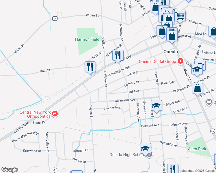 map of restaurants, bars, coffee shops, grocery stores, and more near 439 Stone Street in Oneida