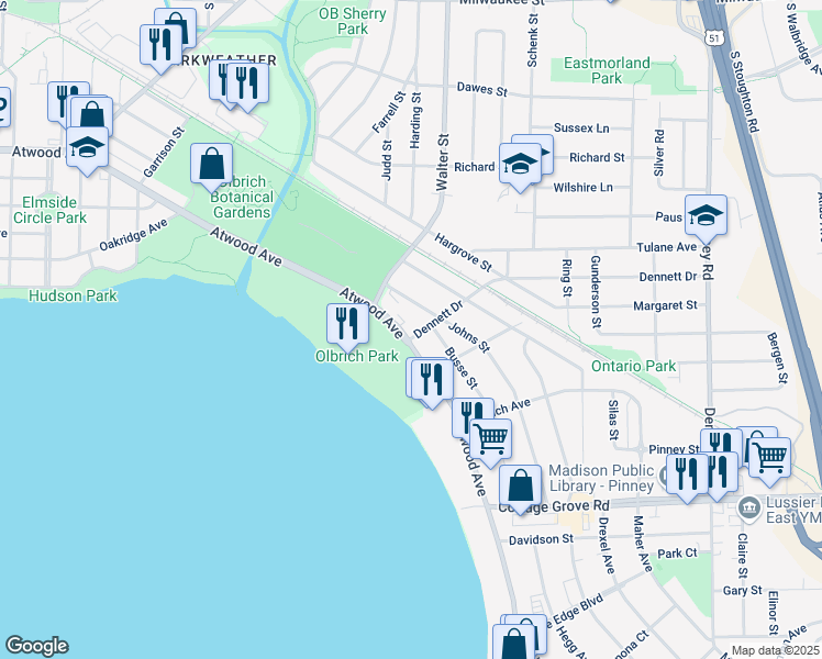 map of restaurants, bars, coffee shops, grocery stores, and more near 3502 Dennett Drive in Madison
