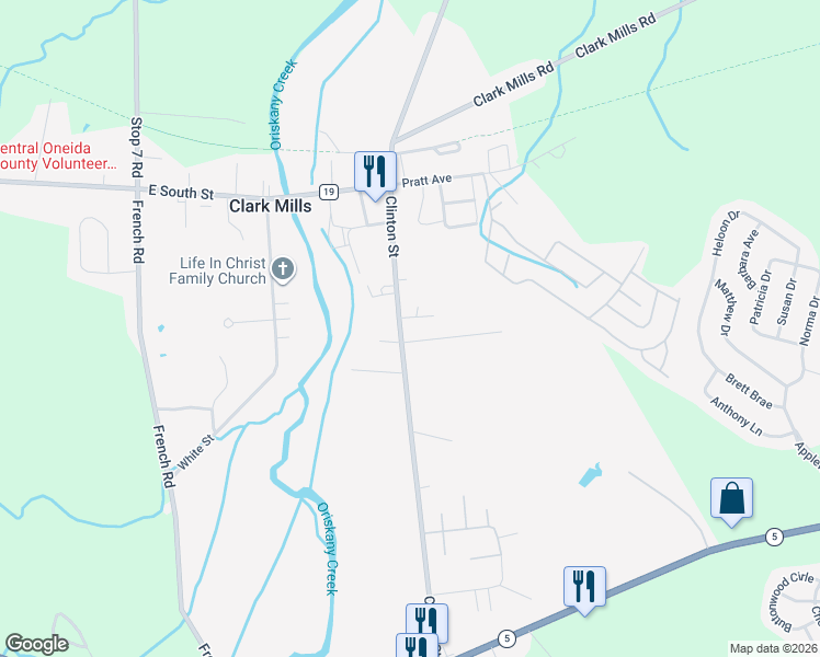 map of restaurants, bars, coffee shops, grocery stores, and more near 4794 Clinton Street in Clark Mills