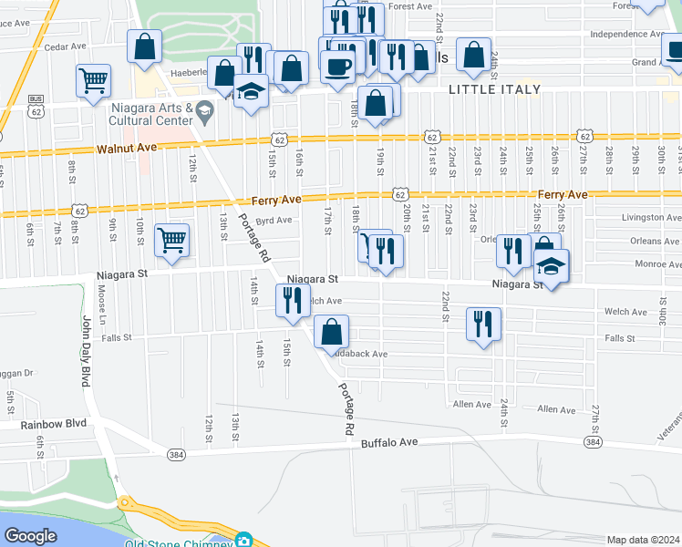 map of restaurants, bars, coffee shops, grocery stores, and more near 1712 Niagara Street in Niagara Falls