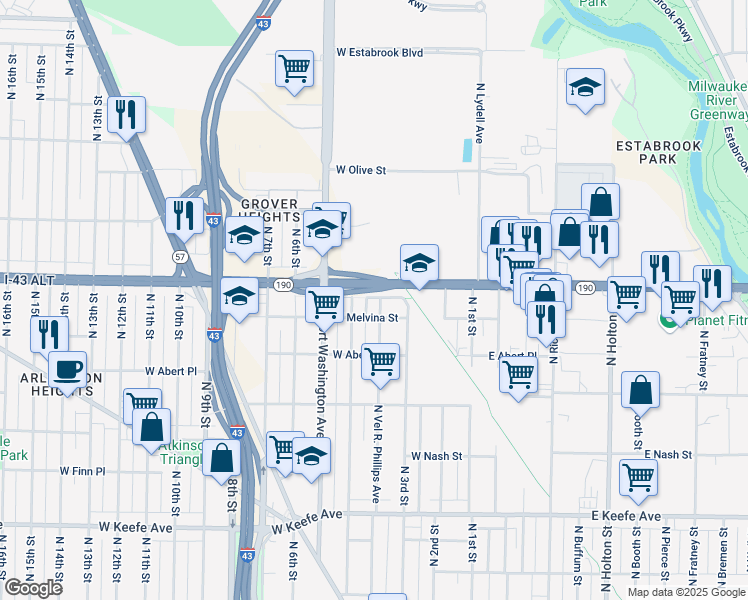 map of restaurants, bars, coffee shops, grocery stores, and more near 3923 Vel R. Phillips Avenue in Milwaukee