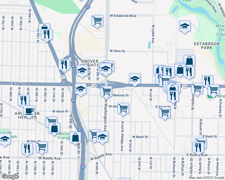 map of restaurants, bars, coffee shops, grocery stores, and more near 3923 North 5th Street in Milwaukee