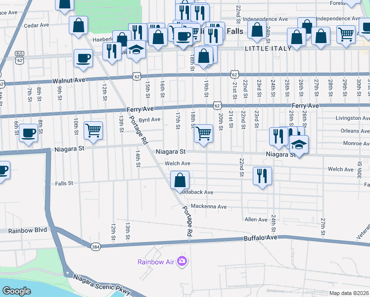map of restaurants, bars, coffee shops, grocery stores, and more near 417 17th Street in Niagara Falls