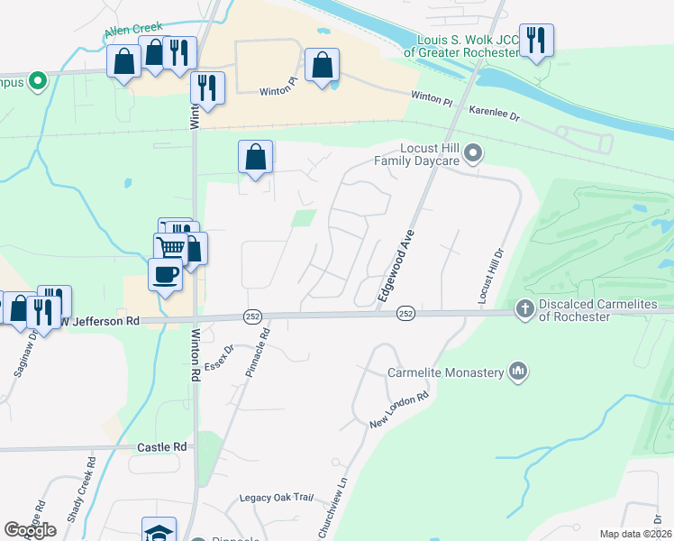 map of restaurants, bars, coffee shops, grocery stores, and more near 188 Surrey Hill Way in Rochester