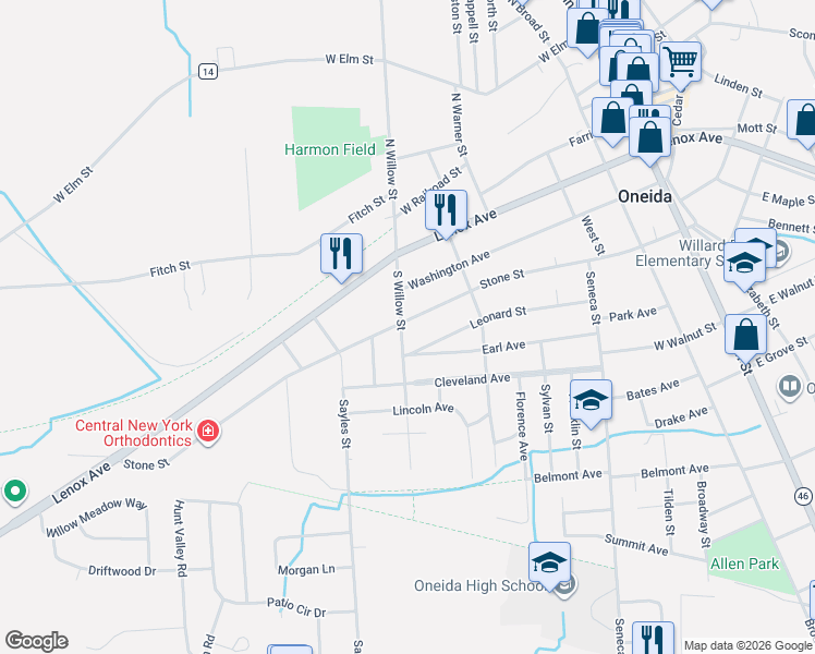 map of restaurants, bars, coffee shops, grocery stores, and more near 451 Stone Street in Oneida